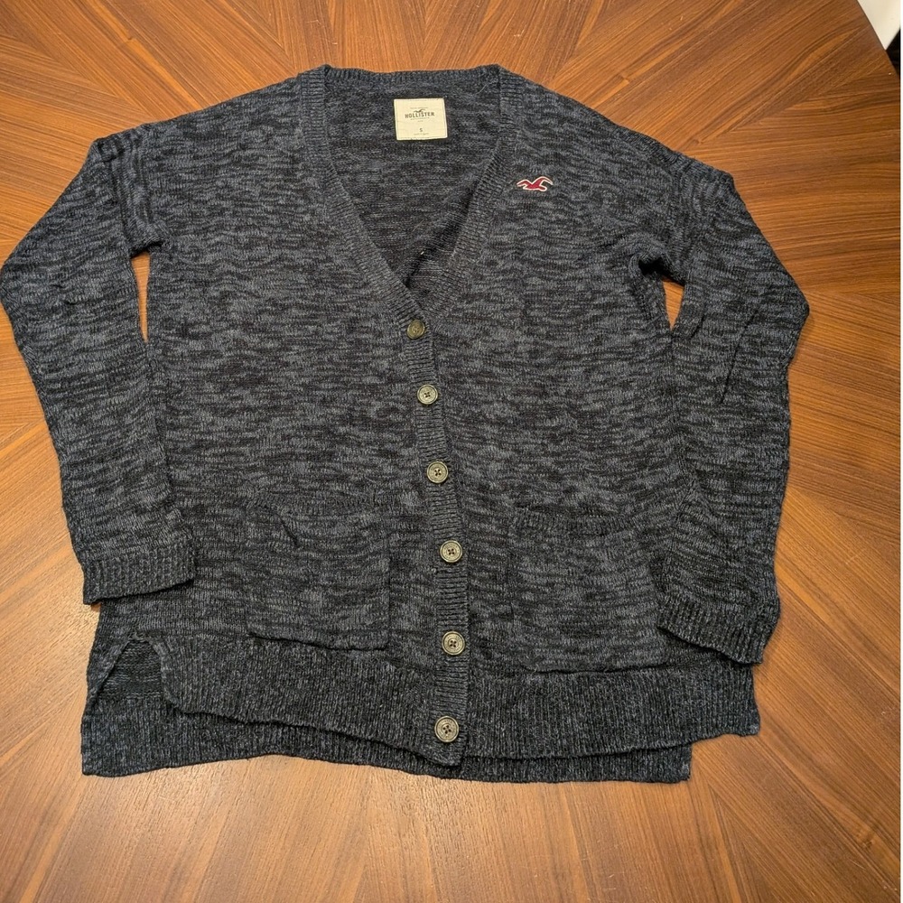 Hollister Cardigan Sweater Womens Small Blue Grey Excellent Marled V-Neck Logo